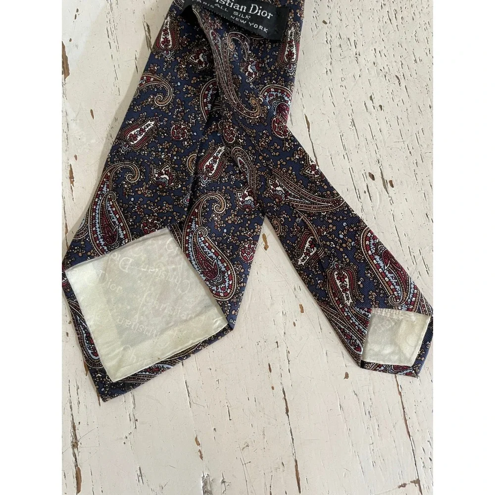 Christian Dior‎ Silk Tie Mens Navy Blue Burgundy Gold Paisley Vintage Necktie